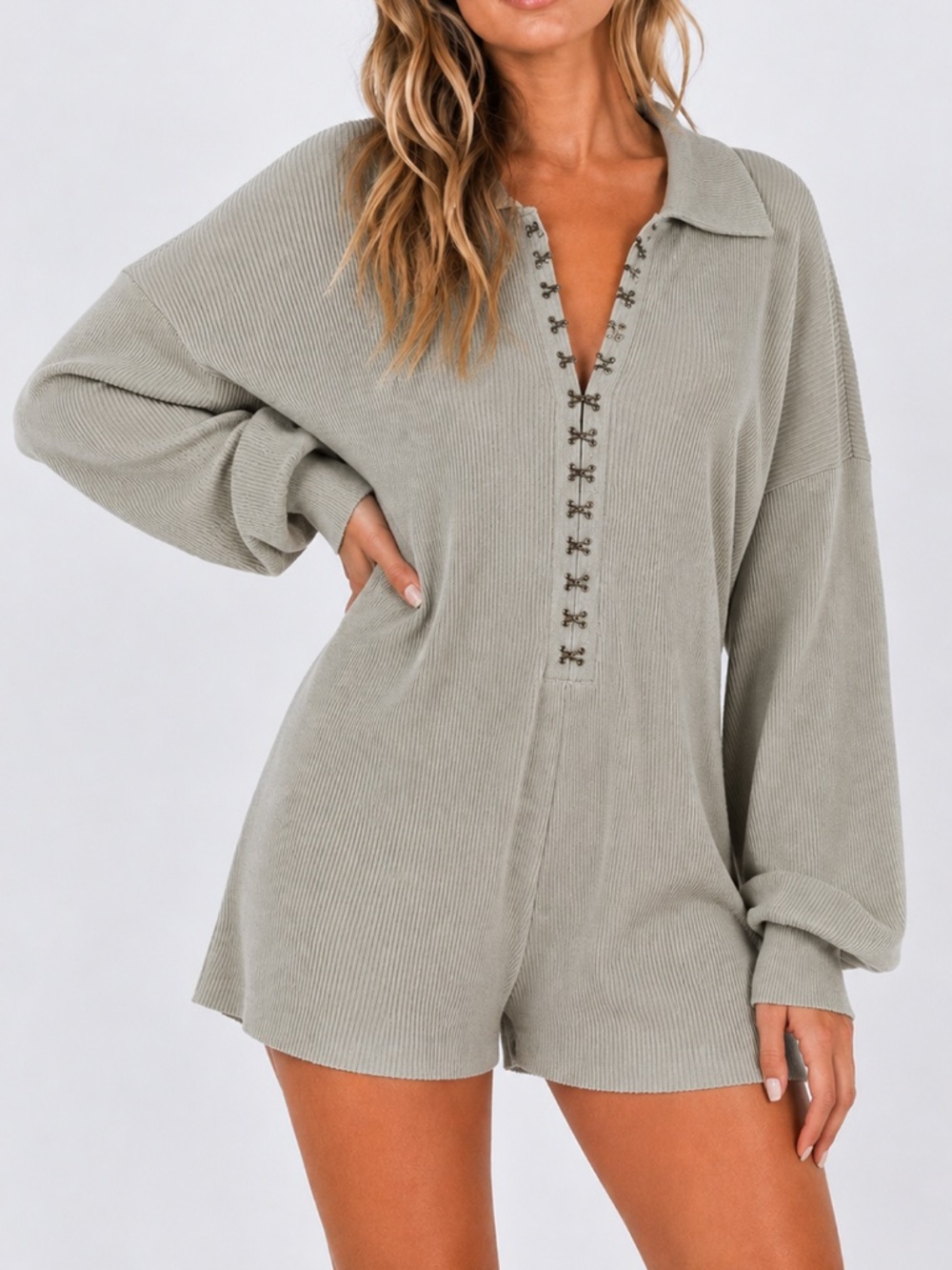 Princess Polly Jenna Comfy Ribbed Romper - Sage Green - Size M/L